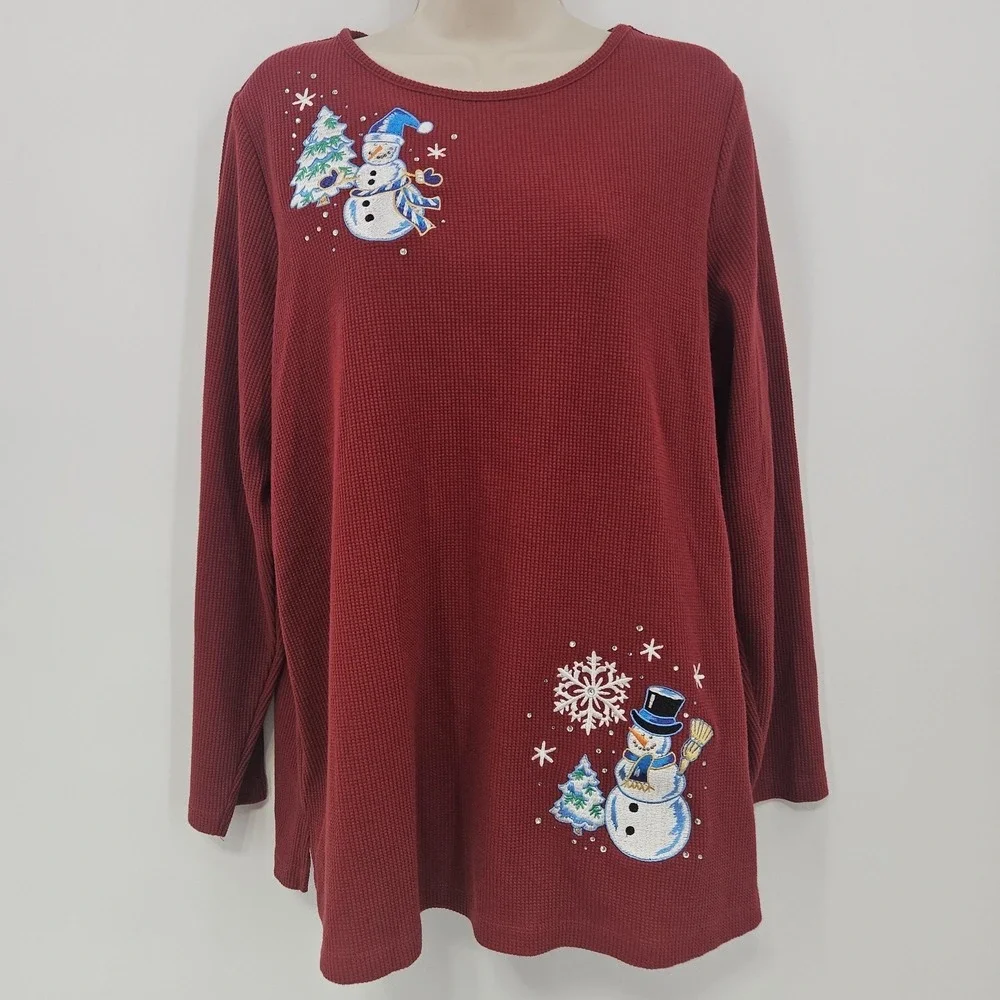 Quacker Factory Shirt Womens 1X Red Thermal Waffle Knit Snowman Christmas Winter